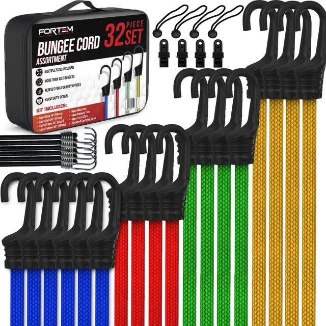 Main image of Bungee Cords with Hooks, 32pk 10" 18" 24" 32" 40 Bungees & Tarp Ties | Bungee Cord with Hooks Assortment | Heavy Duty Outdoor | UV & Weather Resistant | Storage Bag | Coated Hooks