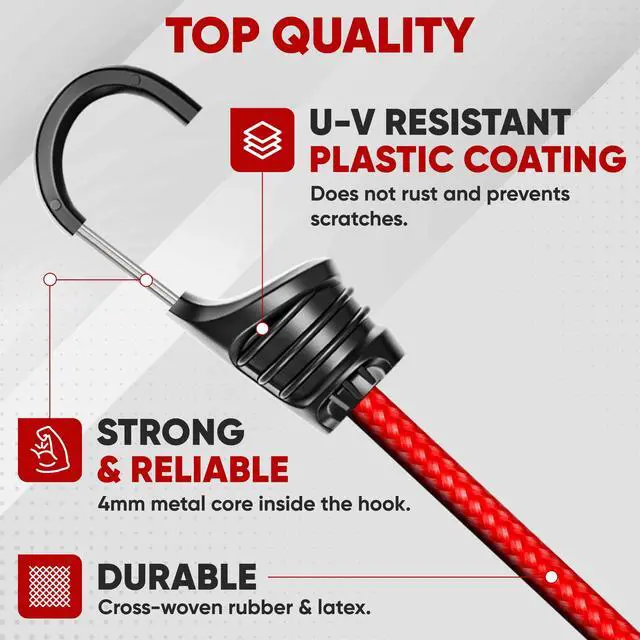Alt view image 2 of 6 - Bungee Cords with Hooks, 32pk 10" 18" 24" 32" 40 Bungees & Tarp Ties | Bungee Cord with Hooks Assortment | Heavy Duty Outdoor | UV & Weather Resistant | Storage Bag | Coated Hooks