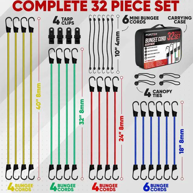 Alt view image 6 of 6 - Bungee Cords with Hooks, 32pk 10" 18" 24" 32" 40 Bungees & Tarp Ties | Bungee Cord with Hooks Assortment | Heavy Duty Outdoor | UV & Weather Resistant | Storage Bag | Coated Hooks