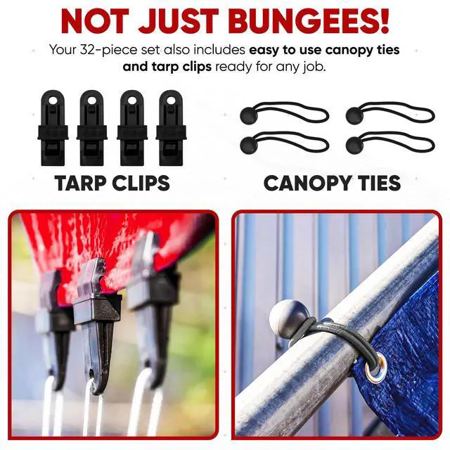 Alt view image 4 of 6 - Bungee Cords with Hooks, 32pk 10" 18" 24" 32" 40 Bungees & Tarp Ties | Bungee Cord with Hooks Assortment | Heavy Duty Outdoor | UV & Weather Resistant | Storage Bag | Coated Hooks