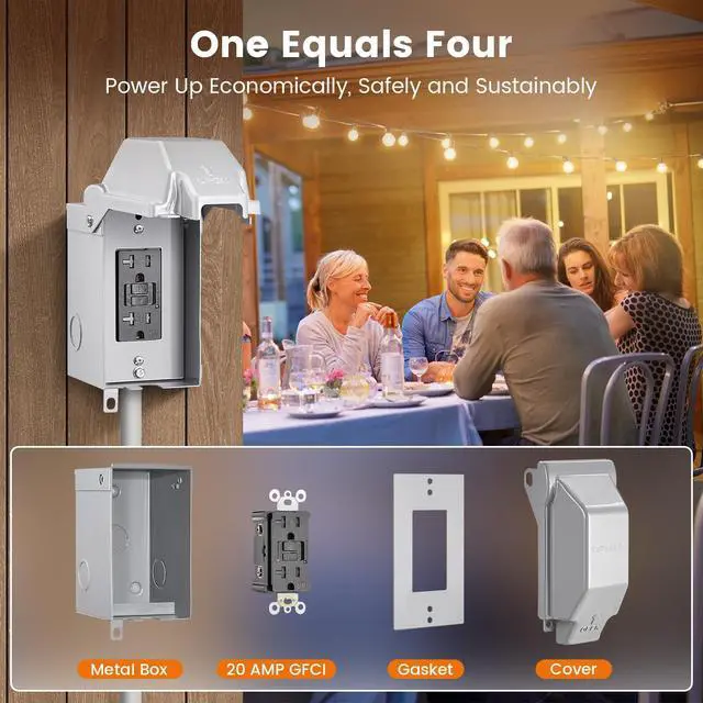 Alt view image 7 of 7 - Outdoor Outlet Box, 20 AMP Electrical Box with GFCI Outlet | 20 AMP WRTR GFCI Receptacles, Rainproof 3R Enclosure, All Metal Outlet Cover, Power Plug for Backyard, Outdoor Lighting