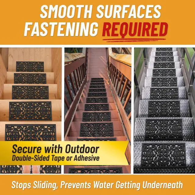 Alt view image 5 of 7 - Outdoor Rubber Stair Treads Scroll Classic Heavy-Duty Non-Slip Stair Mats Best Grip on Concrete, Brick & Textured Step Fastening Recommended for Wooden & RV Steps, Pack of 5