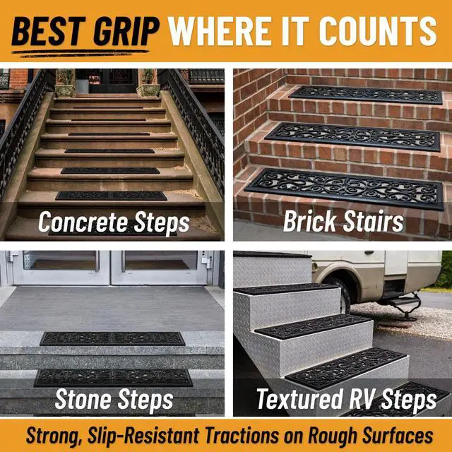 Alt view image 4 of 7 - Outdoor Rubber Stair Treads Scroll Classic Heavy-Duty Non-Slip Stair Mats Best Grip on Concrete, Brick & Textured Step Fastening Recommended for Wooden & RV Steps, Pack of 5
