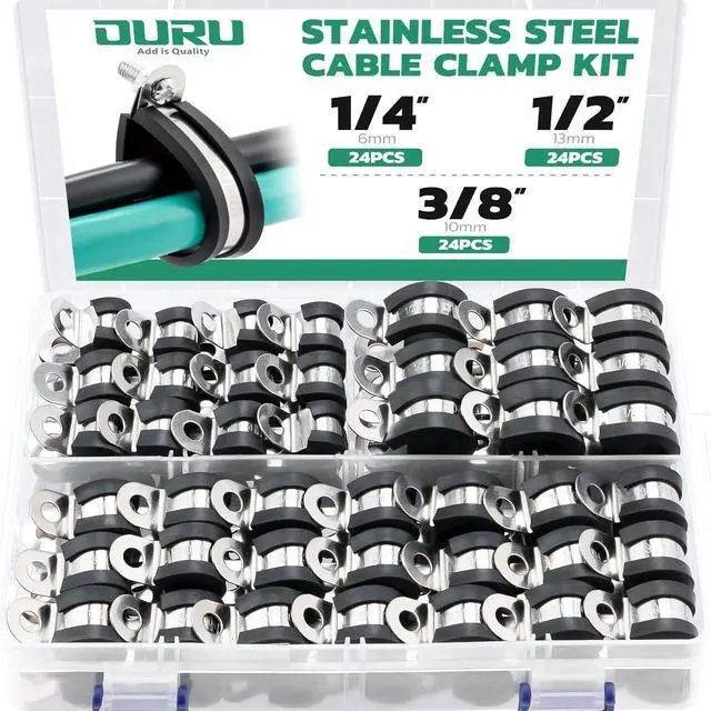 Main image of 72PCS Cable Clamps Assortment Kit,Rubber Coated, 1/4"-1/2" 3 Sizes | 304 Stainless Steel, Anti-Vibration, Rust Resistant, Secure Hold, Automotive Wire, Pipe & Tube Mounting, Cable Management