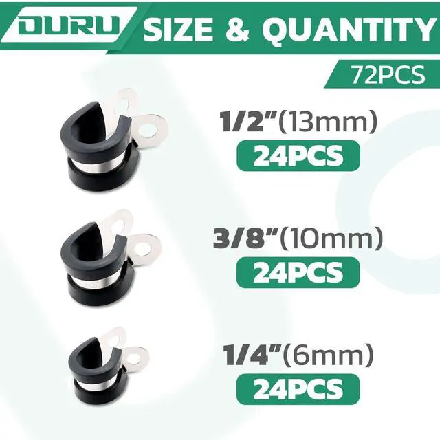 Alt view image 2 of 7 - 72PCS Cable Clamps Assortment Kit,Rubber Coated, 1/4"-1/2" 3 Sizes | 304 Stainless Steel, Anti-Vibration, Rust Resistant, Secure Hold, Automotive Wire, Pipe & Tube Mounting, Cable Management