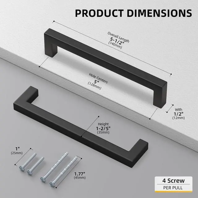Alt view image 2 of 7 - 10 Pack 5 Inch Matte Black Cabinet Handles Kitchen Drawer Pulls | Stainless Steel,Square Bar Modern Hardware,Cabinet Pulls,Smooth Touch,for Bathroom Cupboard Dresser,2 Screws,Easy Install
