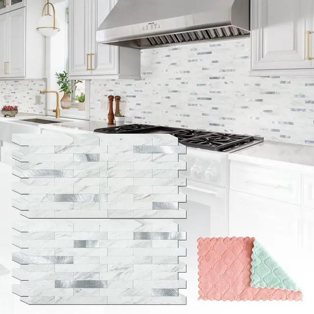 Main image of 20 Sheets Peel and Stick Backsplash for Kitchen, White Marble with Metal Silver Look Stick on Tile Upgrade Your Kitchen Backsplash, RV, Fireplace