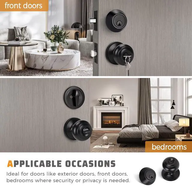 Alt view image 3 of 7 - 3 Pack Keyed Alike Entry Door Knobs and Single Cylinder Deadbolt Lock Combo Set Security for Exterior and Front Door, Keyed Entry Door Locksets with Deadbolt, Matte Black Finish