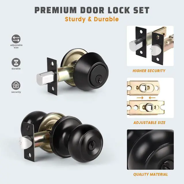 Alt view image 4 of 7 - 3 Pack Keyed Alike Entry Door Knobs and Single Cylinder Deadbolt Lock Combo Set Security for Exterior and Front Door, Keyed Entry Door Locksets with Deadbolt, Matte Black Finish
