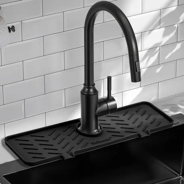 Main image of Silicone Faucet Mat for Kitchen Sink Gen 2 Splash Guard with Upgraded Outlet & Slope 18 x 5.1 Water Catcher & Sink Sponge Holder for Kitchen and Bathroom (Black)
