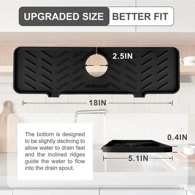 Alt view image 2 of 7 - Silicone Faucet Mat for Kitchen Sink Gen 2 Splash Guard with Upgraded Outlet & Slope 18 x 5.1 Water Catcher & Sink Sponge Holder for Kitchen and Bathroom (Black)