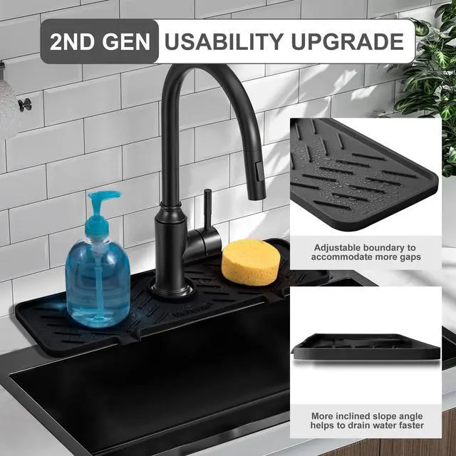 Alt view image 3 of 7 - Silicone Faucet Mat for Kitchen Sink Gen 2 Splash Guard with Upgraded Outlet & Slope 18 x 5.1 Water Catcher & Sink Sponge Holder for Kitchen and Bathroom (Black)