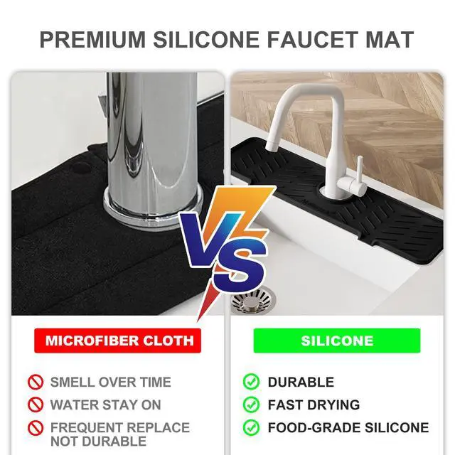 Alt view image 4 of 7 - Silicone Faucet Mat for Kitchen Sink Gen 2 Splash Guard with Upgraded Outlet & Slope 18 x 5.1 Water Catcher & Sink Sponge Holder for Kitchen and Bathroom (Black)