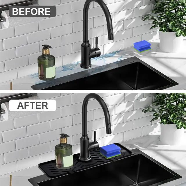Alt view image 5 of 7 - Silicone Faucet Mat for Kitchen Sink Gen 2 Splash Guard with Upgraded Outlet & Slope 18 x 5.1 Water Catcher & Sink Sponge Holder for Kitchen and Bathroom (Black)