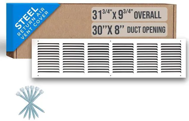 Main image of Fits 30x8 Duct Opening | Steel Return Air Grille by | Vent Cover Grill for Sidewall and Ceiling | White | HVAC Cold Air Intake Grille | Outer Dimensions: 31.75"W X 9.75"H