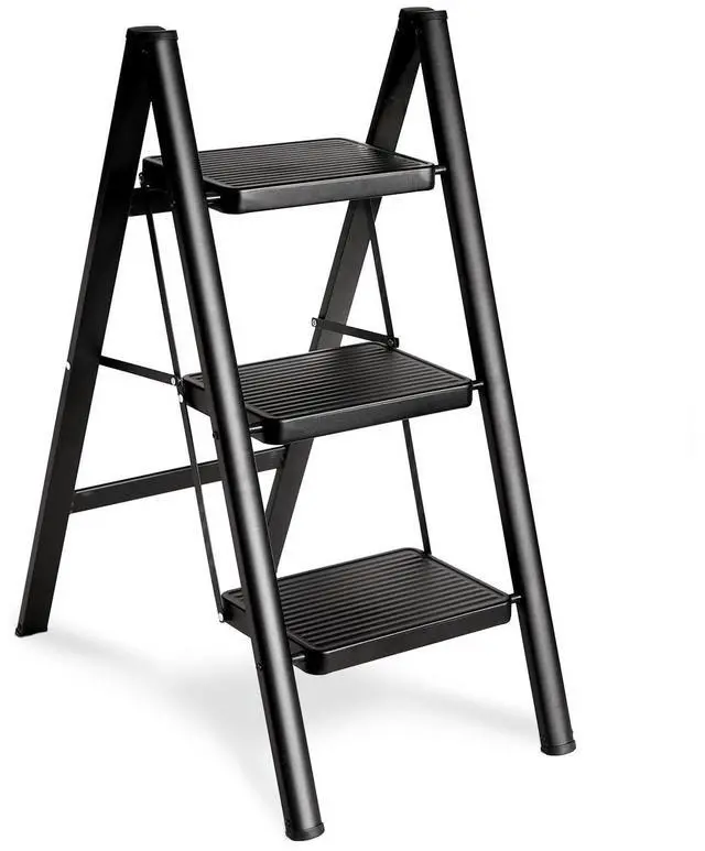 Main image of Folding 3 Step Ladder, Sturdy 330 Lbs Load Small Step Stool for Adults, Safer Full Steel Multi-use Kitchen Ladder for Home, Closet Step Stool Ladder with Wide Pedals, Black, 3-Step