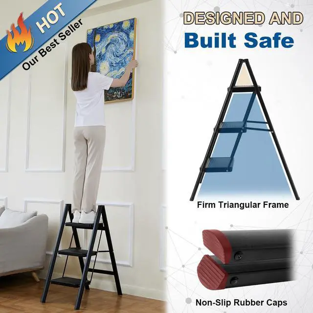 Alt view image 2 of 5 - Folding 3 Step Ladder, Sturdy 330 Lbs Load Small Step Stool for Adults, Safer Full Steel Multi-use Kitchen Ladder for Home, Closet Step Stool Ladder with Wide Pedals, Black, 3-Step