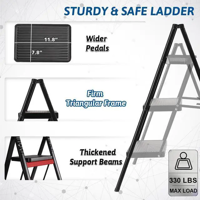 Alt view image 3 of 5 - Folding 3 Step Ladder, Sturdy 330 Lbs Load Small Step Stool for Adults, Safer Full Steel Multi-use Kitchen Ladder for Home, Closet Step Stool Ladder with Wide Pedals, Black, 3-Step