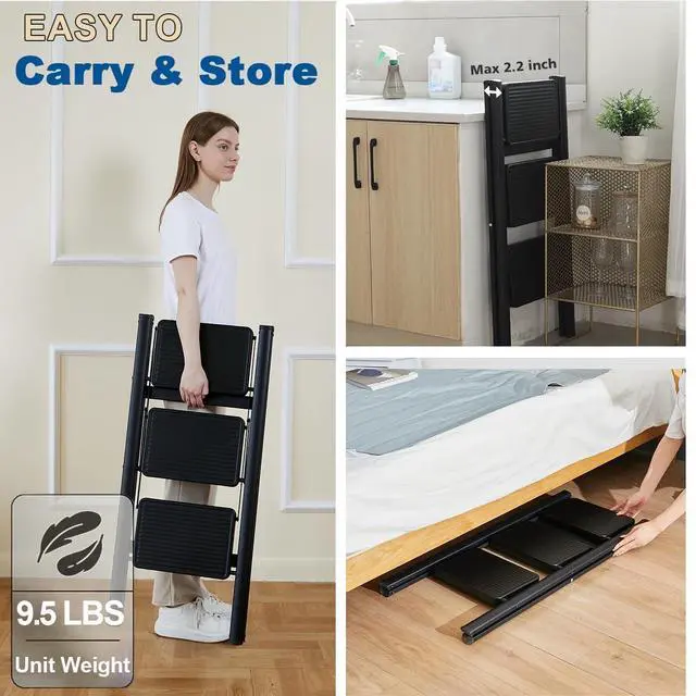 Alt view image 4 of 5 - Folding 3 Step Ladder, Sturdy 330 Lbs Load Small Step Stool for Adults, Safer Full Steel Multi-use Kitchen Ladder for Home, Closet Step Stool Ladder with Wide Pedals, Black, 3-Step