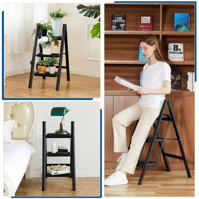 Alt view image 5 of 5 - Folding 3 Step Ladder, Sturdy 330 Lbs Load Small Step Stool for Adults, Safer Full Steel Multi-use Kitchen Ladder for Home, Closet Step Stool Ladder with Wide Pedals, Black, 3-Step