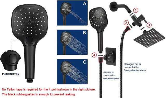 Alt view image 3 of 6 - Shower Head with Hose, High Pressure Stainless Steel Rain Shower and 3 Settings Handheld Spray Combo with Push Button Flow Control (8 Inch, Matte Black)