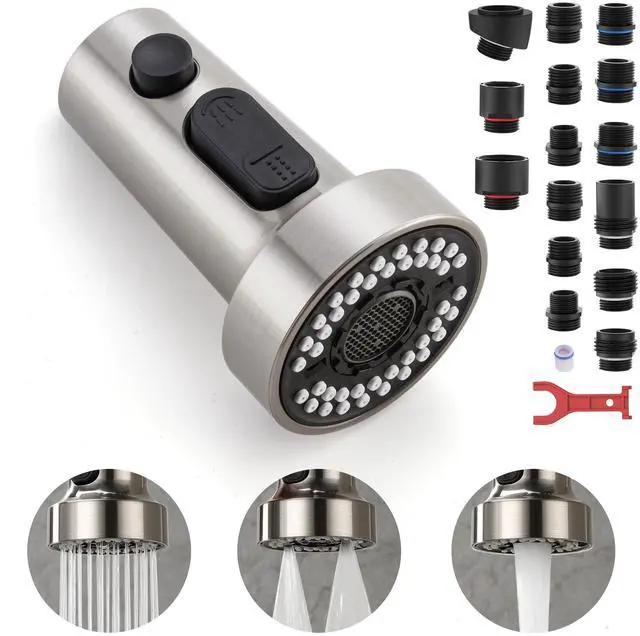 Main image of Pull Down Spray Head Replacement - for Kitchen Faucet Sprayer Head with 15 Adapters, 3 Function Pull Out Faucet Spray Nozzle, Brushed Nickel