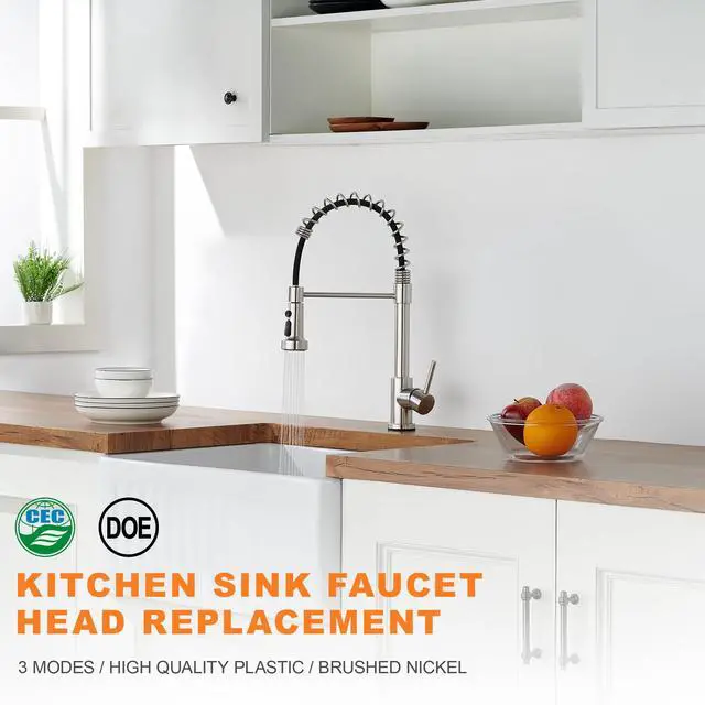 Alt view image 2 of 7 - Pull Down Spray Head Replacement - for Kitchen Faucet Sprayer Head with 15 Adapters, 3 Function Pull Out Faucet Spray Nozzle, Brushed Nickel