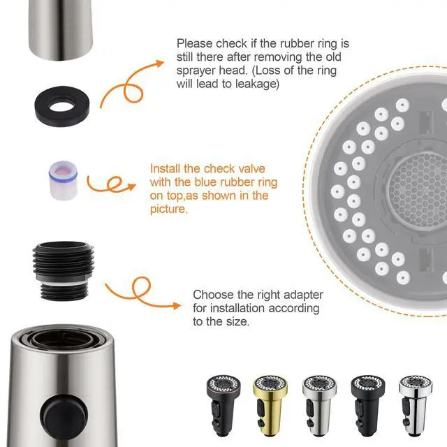 Alt view image 4 of 7 - Pull Down Spray Head Replacement - for Kitchen Faucet Sprayer Head with 15 Adapters, 3 Function Pull Out Faucet Spray Nozzle, Brushed Nickel