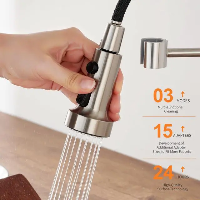 Alt view image 3 of 7 - Pull Down Spray Head Replacement - for Kitchen Faucet Sprayer Head with 15 Adapters, 3 Function Pull Out Faucet Spray Nozzle, Brushed Nickel