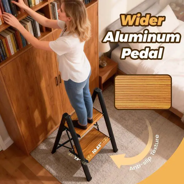 Alt view image 2 of 7 - Step Ladder, Lightweight Aluminum Folding Step Stool | Anti-Slip Wide Pedal, 330lbs Capacity Step Ladder for Household Kitchen Office, BlackWoodgrain