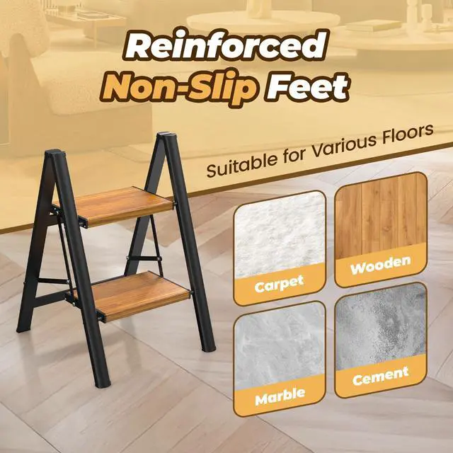 Alt view image 4 of 7 - Step Ladder, Lightweight Aluminum Folding Step Stool | Anti-Slip Wide Pedal, 330lbs Capacity Step Ladder for Household Kitchen Office, BlackWoodgrain