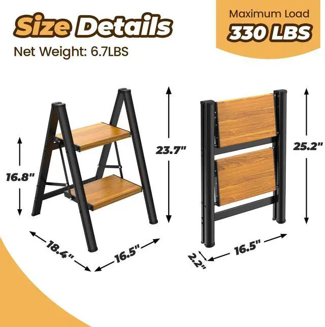 Alt view image 5 of 7 - Step Ladder, Lightweight Aluminum Folding Step Stool | Anti-Slip Wide Pedal, 330lbs Capacity Step Ladder for Household Kitchen Office, BlackWoodgrain