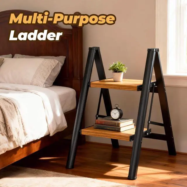 Alt view image 6 of 7 - Step Ladder, Lightweight Aluminum Folding Step Stool | Anti-Slip Wide Pedal, 330lbs Capacity Step Ladder for Household Kitchen Office, BlackWoodgrain
