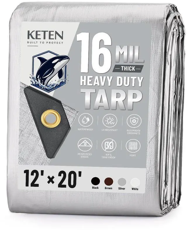 Main image of Tarps Heavy Duty Waterproof 12x20 Feet, Extra Thick 16 Mil (Silver) | Tear & Fade Resistant, UV Blocking, Outdoor Tarp with Reinforced Grommets for Roof, Camping, Patio, Pool, Boat