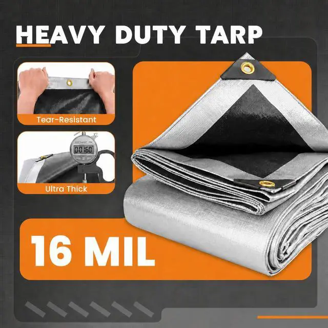Alt view image 2 of 7 - Tarps Heavy Duty Waterproof 12x20 Feet, Extra Thick 16 Mil (Silver) | Tear & Fade Resistant, UV Blocking, Outdoor Tarp with Reinforced Grommets for Roof, Camping, Patio, Pool, Boat