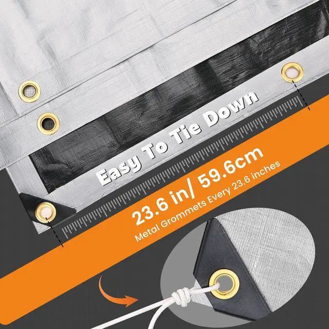 Alt view image 5 of 7 - Tarps Heavy Duty Waterproof 12x20 Feet, Extra Thick 16 Mil (Silver) | Tear & Fade Resistant, UV Blocking, Outdoor Tarp with Reinforced Grommets for Roof, Camping, Patio, Pool, Boat