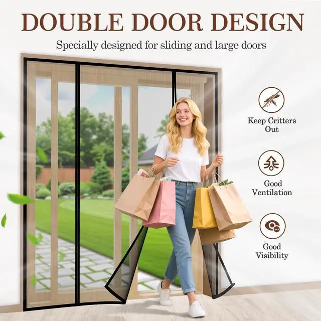 Alt view image 3 of 7 - Magnetic Screen Door, for Sliding Doors 72" x 80", Black | Screen Size 74" x 81", Double-Sided Opening, Reinforced Mesh with Strong Magnets, For French Front/Back Patio Doors