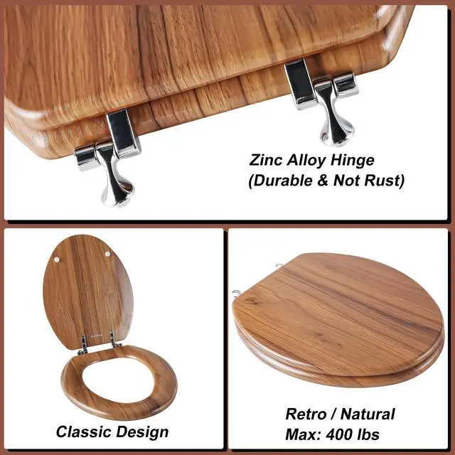 Alt view image 2 of 7 - Wood Toilet Seat with Zinc Alloy Hinges (Elongated, Natural) | Elongated Toilet Seat, Anti-Pinch Bumpers, Adjustable Hinges, Easy to Install and Clean