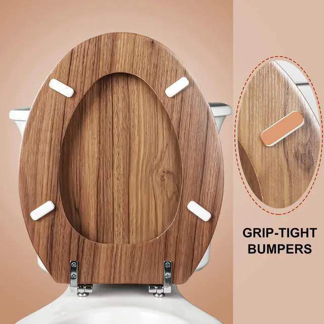 Alt view image 4 of 7 - Wood Toilet Seat with Zinc Alloy Hinges (Elongated, Natural) | Elongated Toilet Seat, Anti-Pinch Bumpers, Adjustable Hinges, Easy to Install and Clean