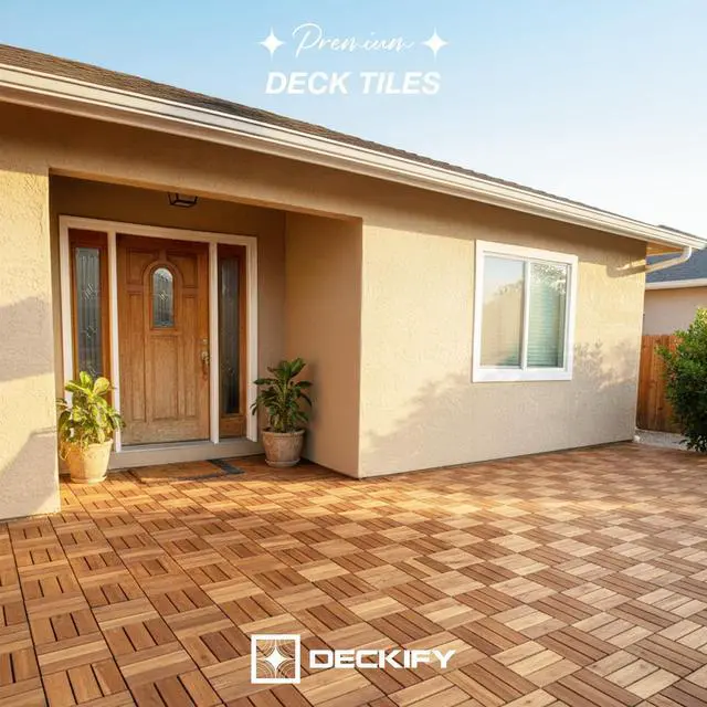 Alt view image 2 of 7 - 9-Piece Acacia Wood Interlocking Deck Tiles, Golden Teak Crossed | 12-Slat Cross Drainage, Non-Slip Grip, 490 lb Capacity, Protective Oil-Rubbed Finish, Flat-Surface Install, Patio Ready