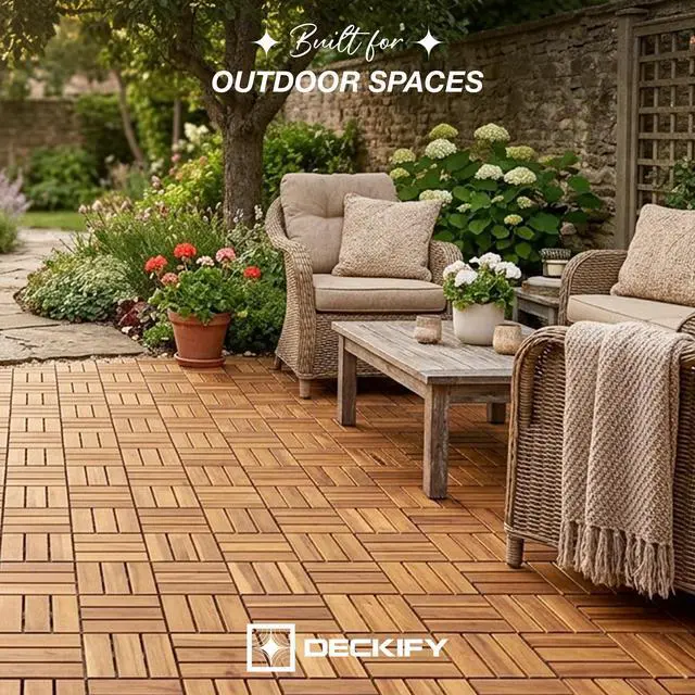 Alt view image 4 of 7 - 9-Piece Acacia Wood Interlocking Deck Tiles, Golden Teak Crossed | 12-Slat Cross Drainage, Non-Slip Grip, 490 lb Capacity, Protective Oil-Rubbed Finish, Flat-Surface Install, Patio Ready