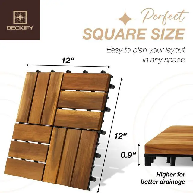 Alt view image 5 of 7 - 9-Piece Acacia Wood Interlocking Deck Tiles, Golden Teak Crossed | 12-Slat Cross Drainage, Non-Slip Grip, 490 lb Capacity, Protective Oil-Rubbed Finish, Flat-Surface Install, Patio Ready