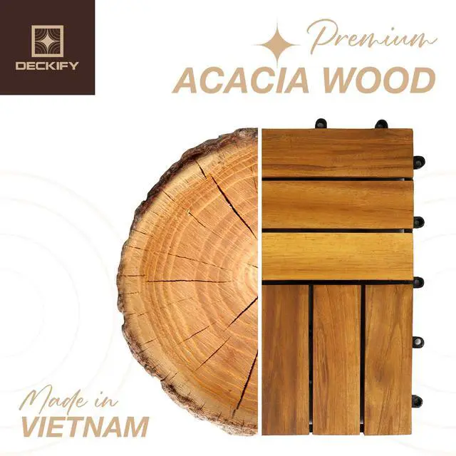 Alt view image 6 of 7 - 9-Piece Acacia Wood Interlocking Deck Tiles, Golden Teak Crossed | 12-Slat Cross Drainage, Non-Slip Grip, 490 lb Capacity, Protective Oil-Rubbed Finish, Flat-Surface Install, Patio Ready