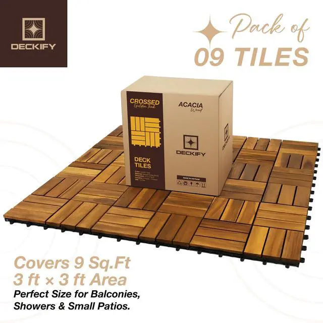 Alt view image 7 of 7 - 9-Piece Acacia Wood Interlocking Deck Tiles, Golden Teak Crossed | 12-Slat Cross Drainage, Non-Slip Grip, 490 lb Capacity, Protective Oil-Rubbed Finish, Flat-Surface Install, Patio Ready