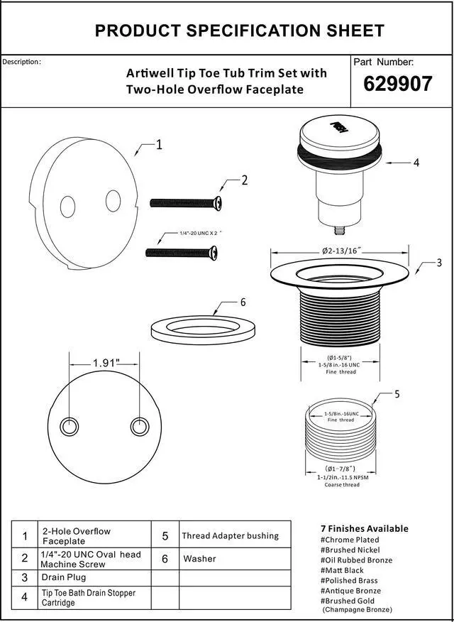Alt view image 6 of 7 - Tip-Toe Bathtub Drains Trim Set with Two-Hole Overflow Faceplate, Replacement Bath Drain Trim Kit with 2-Hole Overflow Faceplate and Universal Fine/Coarse Thread (Chrome Plated)
