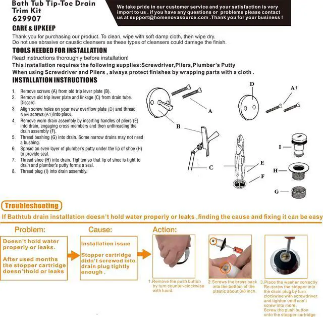 Alt view image 7 of 7 - Tip-Toe Bathtub Drains Trim Set with Two-Hole Overflow Faceplate, Replacement Bath Drain Trim Kit with 2-Hole Overflow Faceplate and Universal Fine/Coarse Thread (Chrome Plated)