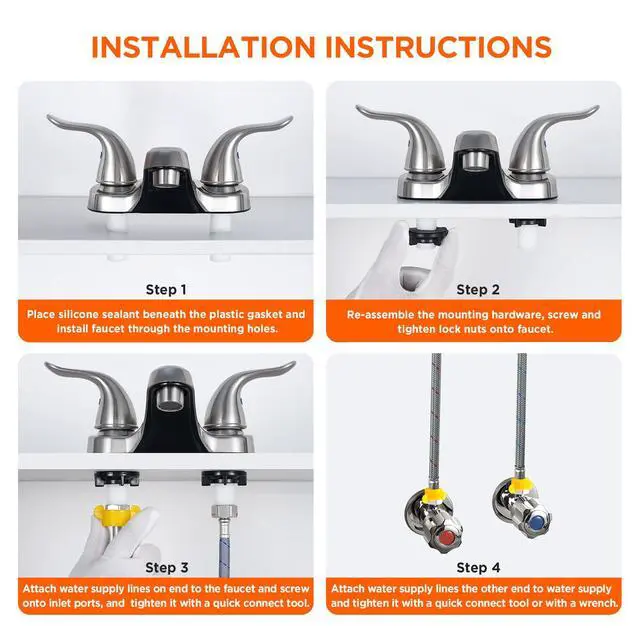 Alt view image 4 of 7 - Bathroom Sink Faucets 2/3 Hole,Brushed Nickel Dual Handles 4 inch Plastic Plating Over Bathroom Faucet with Pop-up Drain and 2 Supply Hoses for Apartment Rvs Sink Vanity