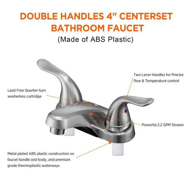 Alt view image 2 of 7 - Bathroom Sink Faucets 2/3 Hole,Brushed Nickel Dual Handles 4 inch Plastic Plating Over Bathroom Faucet with Pop-up Drain and 2 Supply Hoses for Apartment Rvs Sink Vanity