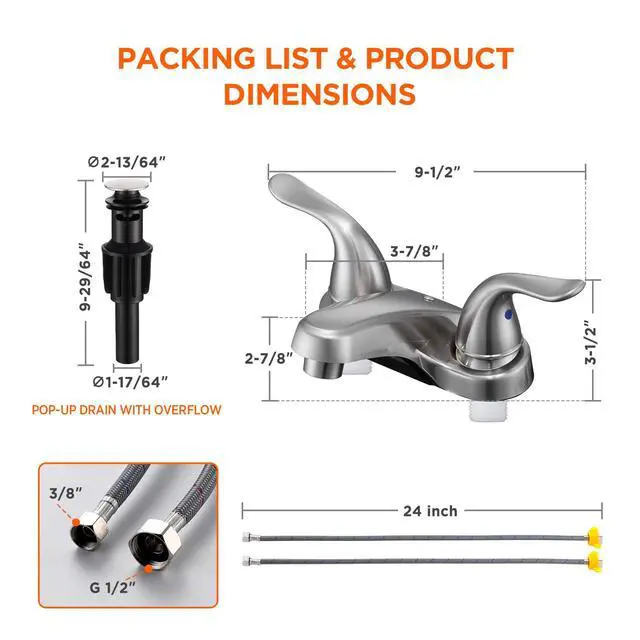 Alt view image 3 of 7 - Bathroom Sink Faucets 2/3 Hole,Brushed Nickel Dual Handles 4 inch Plastic Plating Over Bathroom Faucet with Pop-up Drain and 2 Supply Hoses for Apartment Rvs Sink Vanity