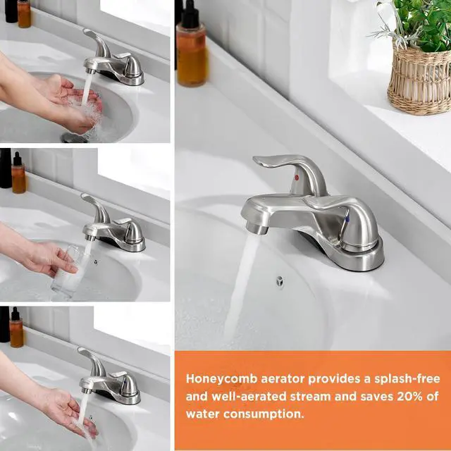 Alt view image 6 of 7 - Bathroom Sink Faucets 2/3 Hole,Brushed Nickel Dual Handles 4 inch Plastic Plating Over Bathroom Faucet with Pop-up Drain and 2 Supply Hoses for Apartment Rvs Sink Vanity